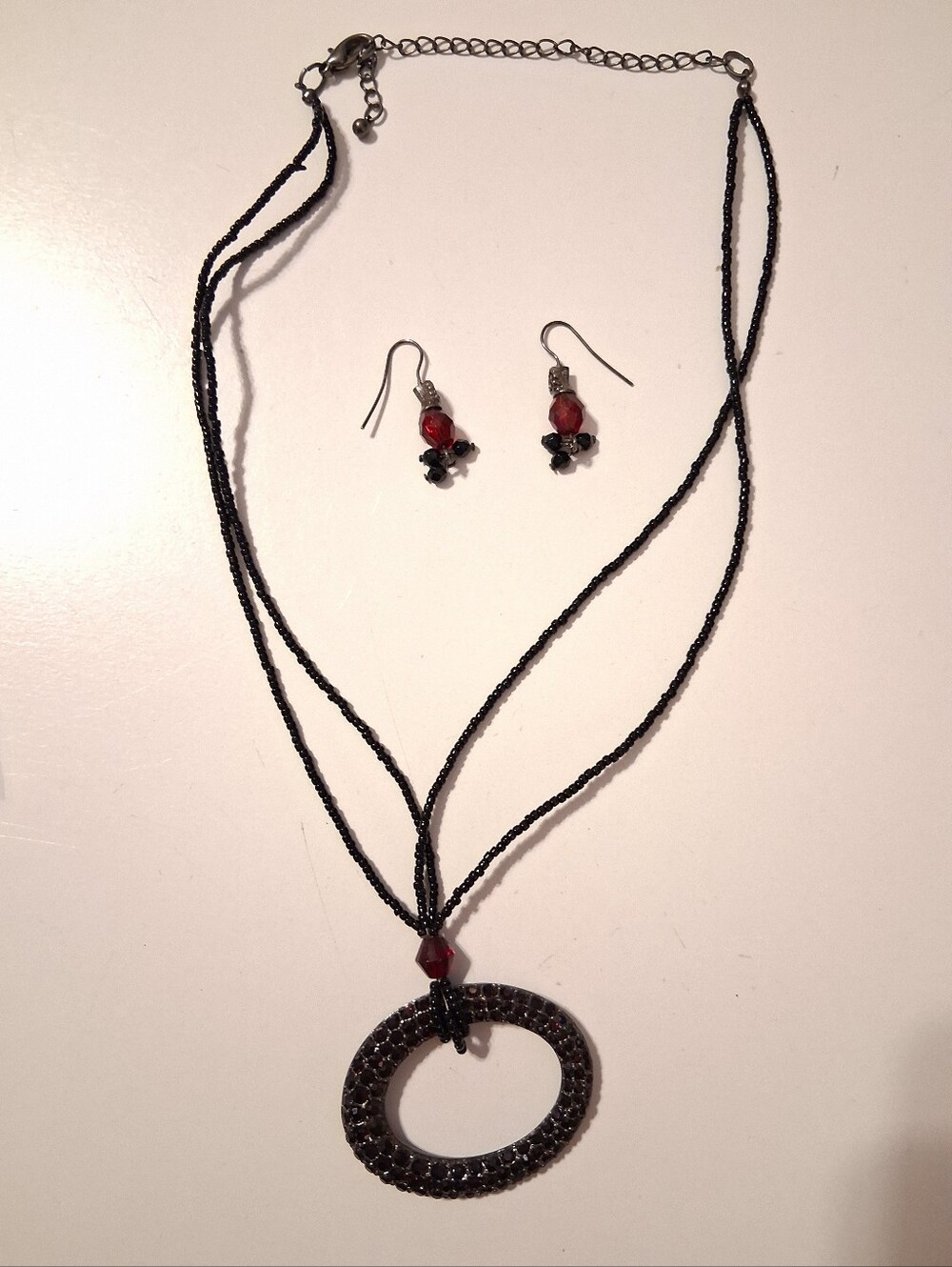 Black Beaded Necklace with Red Accent Pendant and Matching Earrings